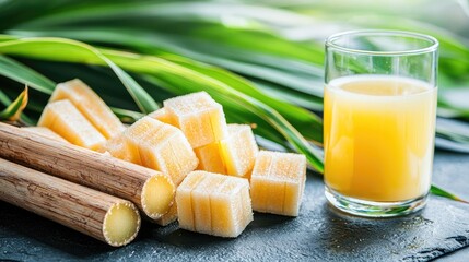 Freshly cut sugarcane stalks and juice served in a glass, surrounded by green sugarcane leaves, showcasing the natural sweetness and vibrant color of this tropical plant.