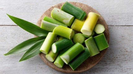 Freshly harvested sugarcane pieces arranged on a rustic wooden board, showcasing various shades of green and yellow tones, perfect for food photography and agricultural themes.