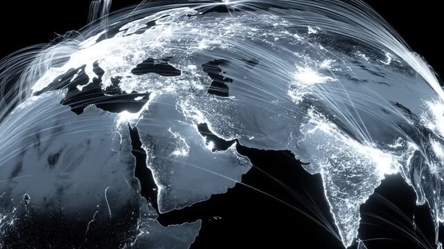 Global network connections with bright light trails over a dark background