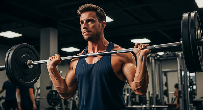 Muscular man performing barbell front squats in a modern gym environment focusing on fitness and strength training - Powered by Adobe