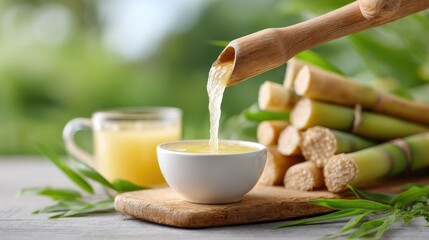 Refreshing sugarcane juice being poured from a bamboo stick into a white bowl, accompanied by a glass of juice and fresh sugarcane stalks, showcasing nature's sweet delight.