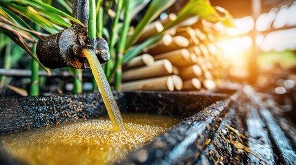 Freshly pressed sugarcane juice flows from a mill, capturing the essence of sugar production in a vibrant, sunlit field filled with lush sugarcane plants and rich natural surroundings.