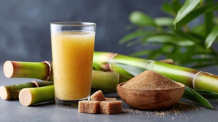 Freshly squeezed sugarcane juice served in a glass, surrounded by green sugarcane stalks and raw cane sugar, showcasing a natural and healthy beverage choice.