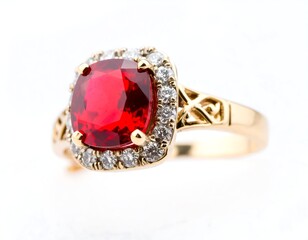 Close-up of a gold ring with a large red gemstone