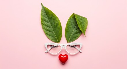 Creative easter bunny face made of leaves glasses and heart