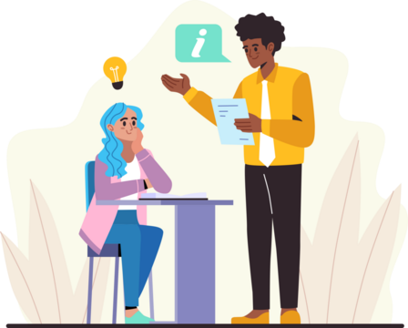 Two People Discussing Information with Idea Bulb and Information Bubble on Transparent Background