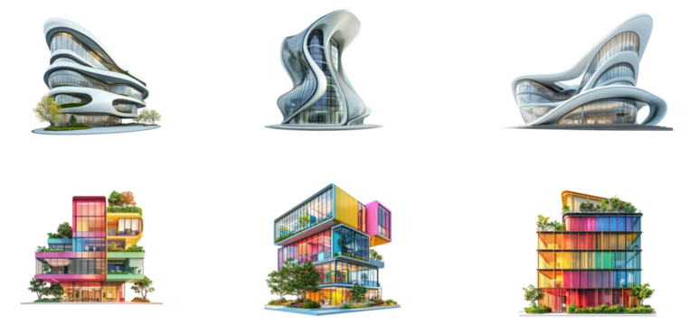 A modern, futuristic building with a unique, curved design and colorful, abstract patterns.