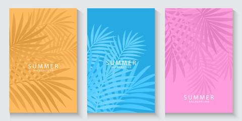 Tropical leaves background. Summer greeting clipart poster set with tropical palm leaves clip art in colorful abstract background collection. exotic Tropical foliage. Design for card, cover, banner,