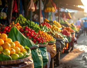 Vibrant Tropical Fruits Display at an Asian Traditional Market at Sunrise