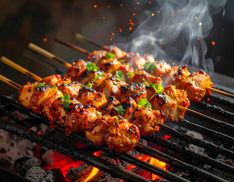 Gourmet Asian Appetizer: Sate with Glaze and Green Onion Garnish