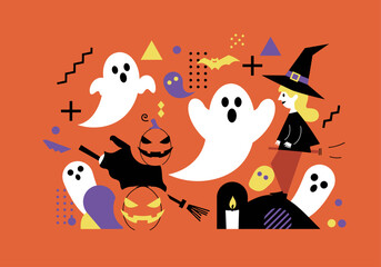 Modern Halloween Festivities with Witch, Ghosts, and Jack-o'-Lanterns Illustration