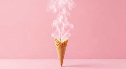 Ice cream cone with wisps of smoke against a pink background
