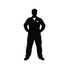 Silhouette of a construction worker in uniform standing with hands in pockets, mechanic in coveralls silhouette vector illustration
