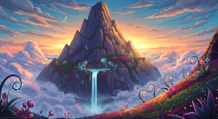 Fantasy mountain with waterfall and colorful flowers at sunset