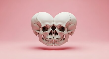 Two human skulls joined together forming a heart shape on a pink background