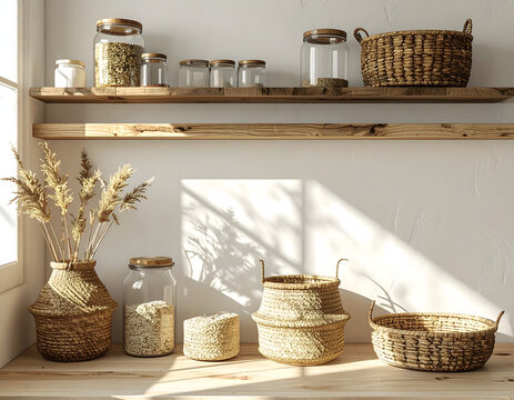 Rustic Kitchen Shelves with Woven Baskets and Glass Jars in Sunlight