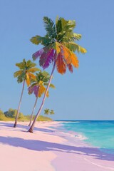 Serene beach scene with vibrant palm trees swaying under pastel