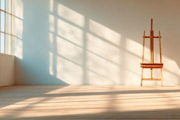 Bright studio space featuring an easel casting long shadows on w