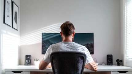 Focused individual working at desk with minimalistic decor and n