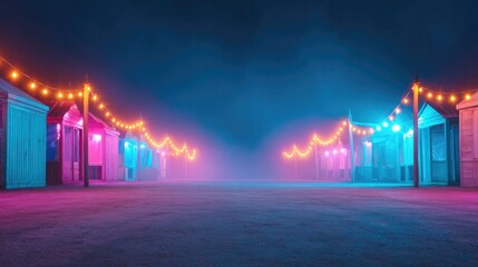 Mysterious alley adorned with vibrant lights and fog, creating a