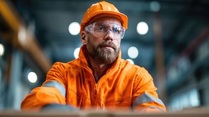 Focused worker in vibrant orange safety gear, exuding profession