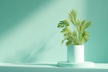 Lush green plant in minimalistic pot, soft lighting creates sere