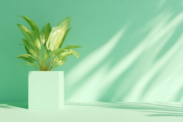 Lush green plant in minimalist pot against soft mint backdrop, c