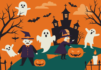 Halloween Cartoon Fun: Ghosts, Witch, Vampire, Haunted House, and Jack-o'-lanterns