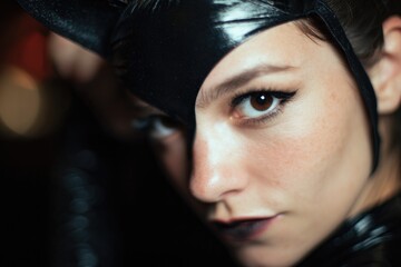 Intense gaze of character in sleek black attire highlights confi