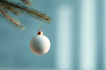 Delicate white ornament hanging from pine branch in soft blue li