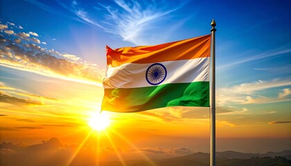 Indian Flag Waving Proudly Against a Sunset Sky.