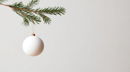 Minimalist design featuring white ornament hanging from evergree