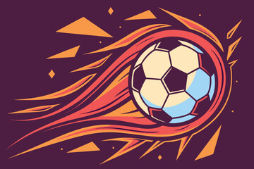 Fototapeta premium Stylized soccer ball with fiery orange and red streaks on a dark purple background football sport