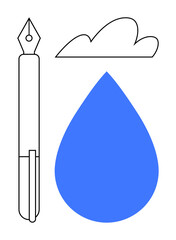 Fountain pen, large blue water drop, and cloud outline symbolizing creativity, inspiration, sustainability, innovation, writing, fluid ideas and nature. Ideal for education design environment