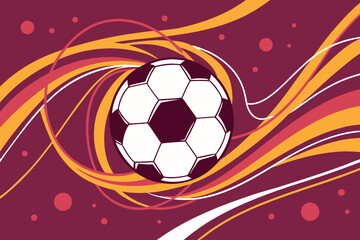 Stylized soccer ball with swirling abstract lines and circles in burgundy gold and red football sport