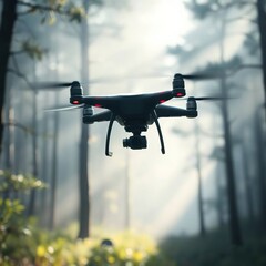 Drone flight with misty forest.