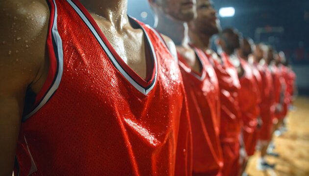 Basketball Team Standing in a Row After Intense Game.