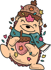 Hedgehog with Acorn and Autumn Leaves Cartoon