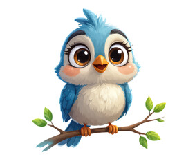 Obraz premium Blue and White Owl on Branch, Clear Background, Cartoon Illustration for Digital Media