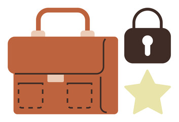Brown briefcase with two front pockets, gold star, and black lock symbolizing security, professionalism, achievement. Ideal for business, education, success, security organization protection