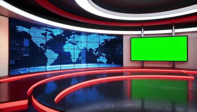 Modern News Studio with Green Screen and World Map Backdrop _prompt_hightech