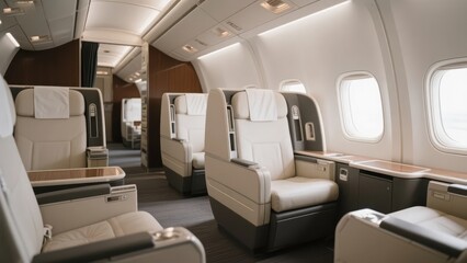 Fototapeta premium The interior of the airplane cabin, with tidy and orderly facilities such as seats, presents a comfortable air travel environment.