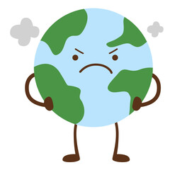 Angry Earth mascot with steam from ears, showing rage over climate damage, ideal for protest, activism, or bold messaging.
