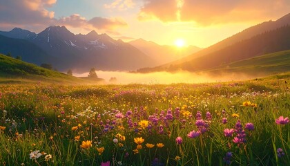 Naklejka premium Spectacular Sunset Over a Colorful Mountain Wildflower Field