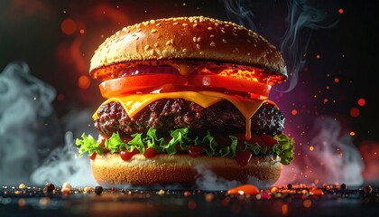 Juicy burger w/ sesame bun, cheese, veggies, smoky background