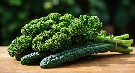 Fresh green kale bunch on wooden surface against a blurred background