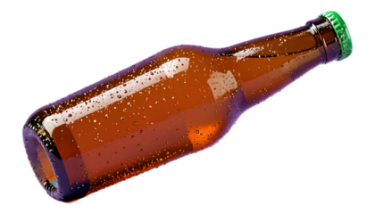 Brown Glass Beer Bottle with Condensation, Glossy Illustration on Transparent Background