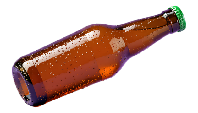 Brown Glass Beer Bottle with Condensation, Glossy Illustration on Transparent Background - Powered by Adobe