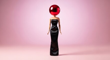 Doll with a red balloon for a head on a pink background