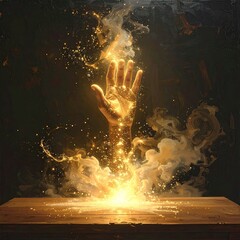 Glowing hand erupts from table, amidst swirling golden energy